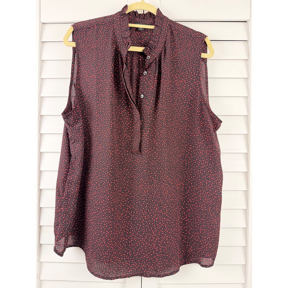Ann Taylor Polka Dot Blouse Women XXL Red Sleeveless Ruffle Neck Chiffon Top